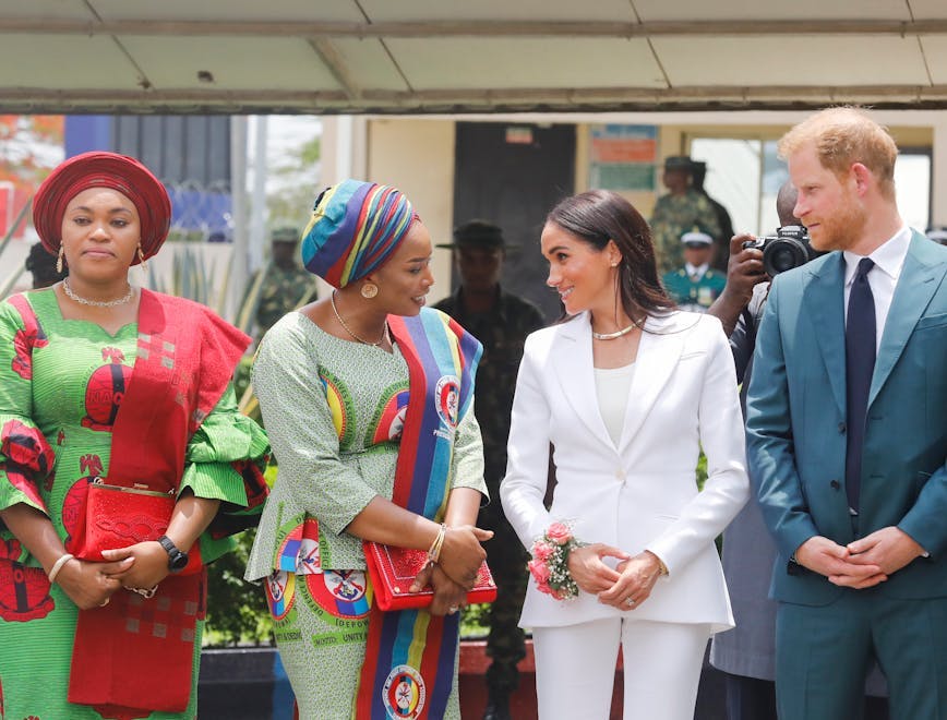 Prince Harry, Duke of Sussex and Meghan, Duchess of Sussex meet with the Chief of Defence Staff of Nigeria at the Defence Headquarters in Abuja on May 10, 2024 in Abuja, Nigeri. Photo courtesy of Getty Images.