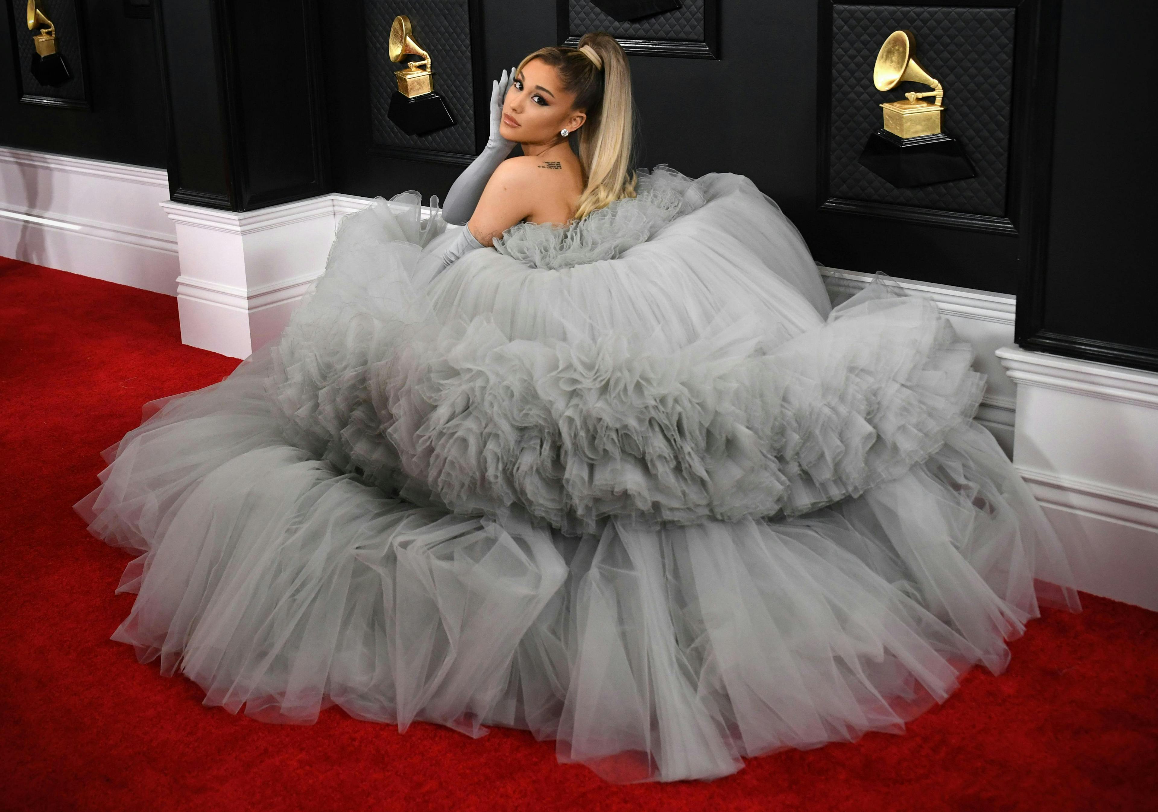 Ariana Grande in a grey gown.