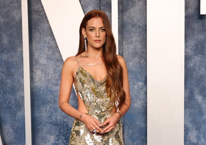 Riley keough in gold dress; revealed baby name
