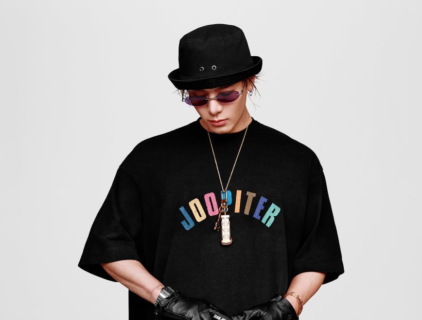 Jackson Wang in exclusive Joopiter merch, a black t-shirt with colored letters spelling out "Joopiter." Courtesy of Joopiter.
