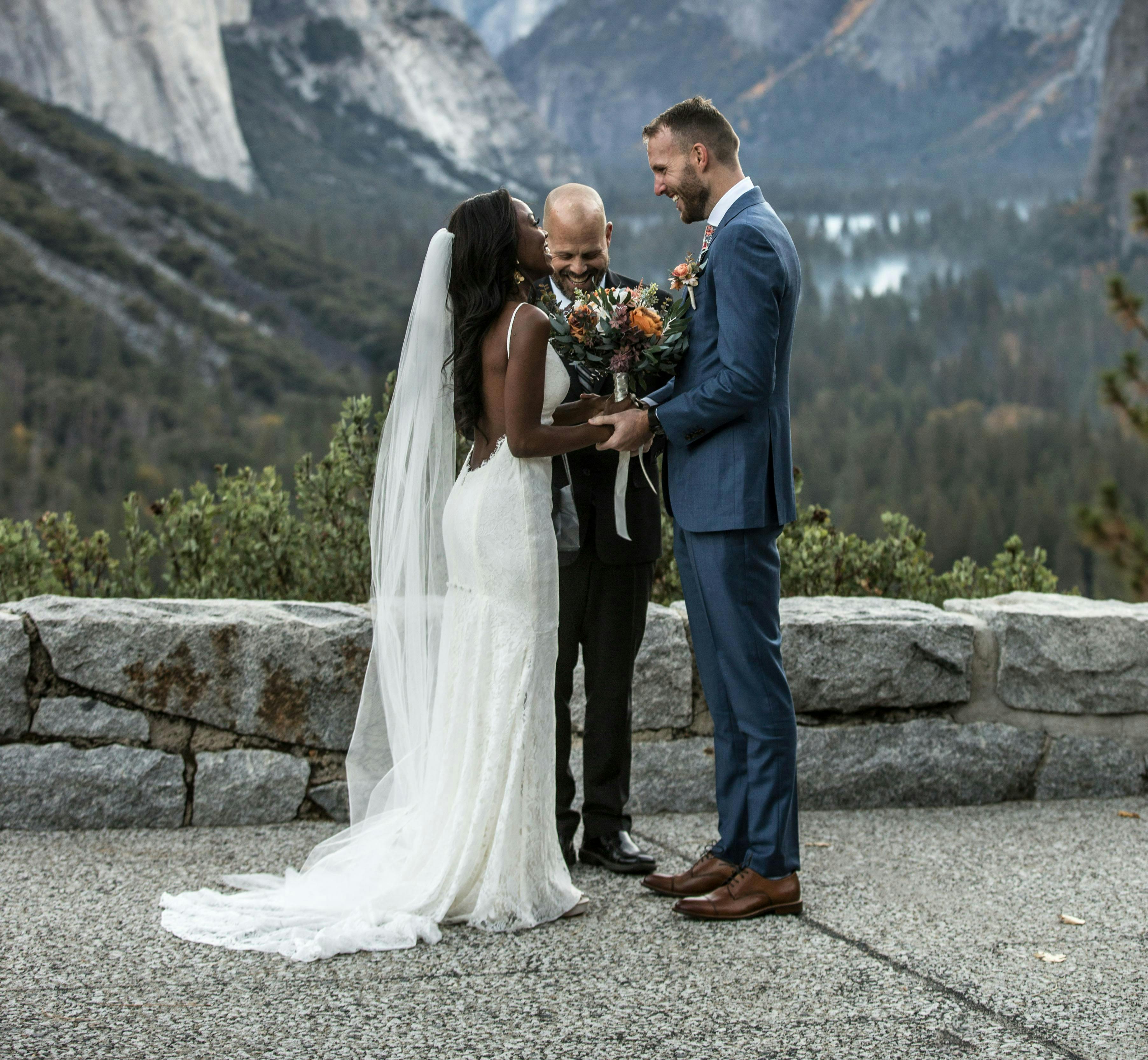 Bride and Groom at wedding ceremony in Yosemite National Park