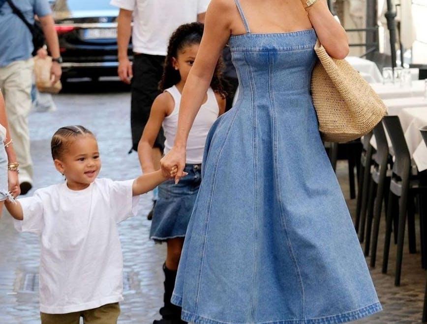 Kylie Jenner in a denim Marni dress in Italy.